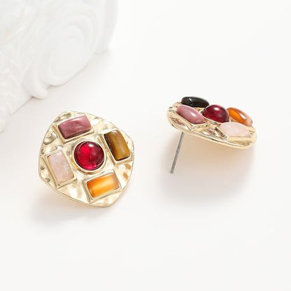 Geometric Large Stud Statement Earrings, Gold Tone Square Stud with Multi-Color Gemstone Design, Fashion Jewelry for Women - color: Red