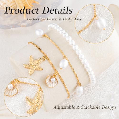 Beach Anklets for Women Pearl Anklet Set Shell Starfish Pendant Anklets Layered Foot Chain Jewelry