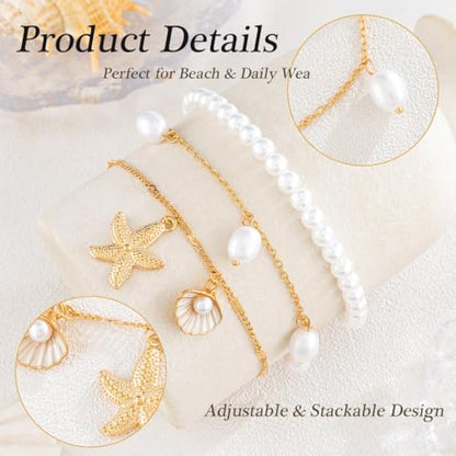 Beach Anklets for Women Pearl Anklet Set Shell Starfish Pendant Anklets Layered Foot Chain Jewelry
