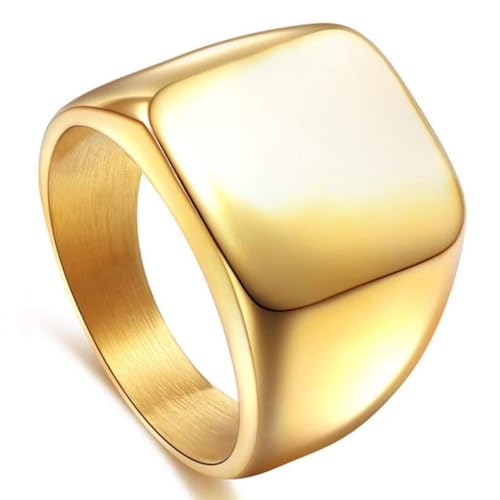 Men's Stainless Steel Square Biker Signet Ring, Black Silver Gold Styles | plain flat top, polished and brushed finish options, chunky profile, pinky or thumb styling, gift-ready for dad or him - color: Gold