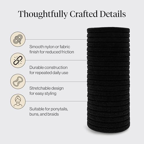 Kitsch Elastic Hair Ties No Damage | Stretchable Hair Bands - Black, 20pcs | Strong All-Day Hold Hair, Rubber Bands For Hair, Ponytail Holders | Hair Accessories for Everyday Use - color: Black Thin (Pack of 20)