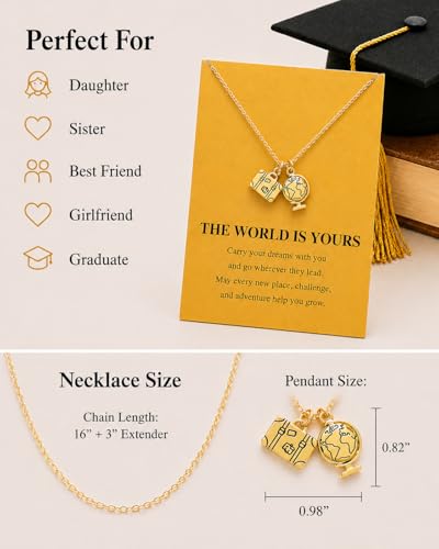 Zealmer Dainty 18K Gold Plated Compass World Map Pendant Necklace Graduation Gift for Friends - color: Suitcase
