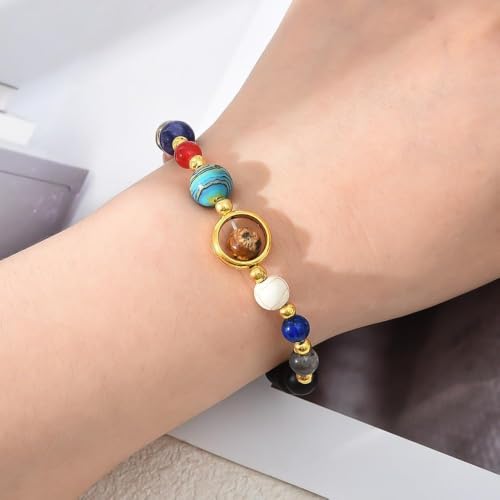 Solar System Planet Bead Zodiac Sign Stretch Bracelet for Men Women | Matte black beads with solar system planet stones, unisex design, perfect birthday holiday gift for men women - color: gemini