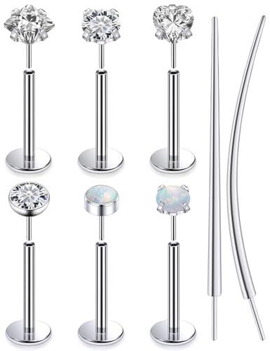 F136 Titanium 20/18/16g Internally Threaded Medusa Monroe Lip Ashley Labret Nose Rings Flat Back Tragus Helix Cartilage Conch Screw Stud Earrings Surgical Steel Piercing Jewelry for Women - color: White CZ, size: 16g*3/8in