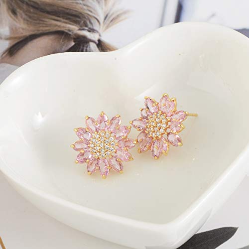 Crystal Flower Burst Stud Earirings - Big Sterling Silver CZ Cubic Zirconia Rhinestone Daisy Sunflower Floral Cluster Studs Bridal Wedding Party Prom Costume Jewelry for Bride Bridesmaids Women Birthstone Birthday Gift - color: Pink