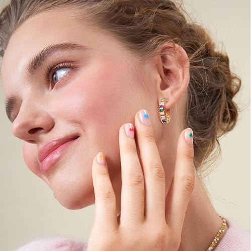 Trendy 14K Gold Plated Hoop Earrings for Women, Chunky Gold/Silver Earrings for Women Cubic Zirconia Baguette Hoop Earrings Heart Hoops Lightweight Hypoallergenic Jewelry,25mm/35mm/40mm/50mm - color: 01 Gold Rainbow Hoops 25mm