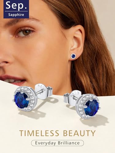 FindChic Birthstone Earrings for Women, Round/Heart/Square/Teardrop Earrings with 925 Sterling Silver Posts & Push Backs, Hypoallergenic Studs with Cubic Zirconia, 12 Months Jewelry with Gift Box - style: 09. September-Sapphire (Round)