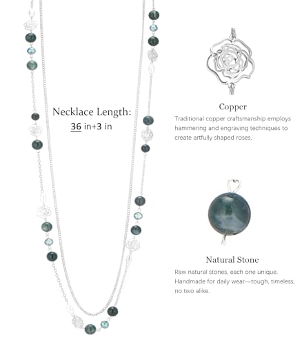 FULU AUTUMN Long Layered Silver Necklaces for Women - Natural Stone and Dainty Flower Beaded Sweater Chain Fashion Jewelry Gifts - color: Green
