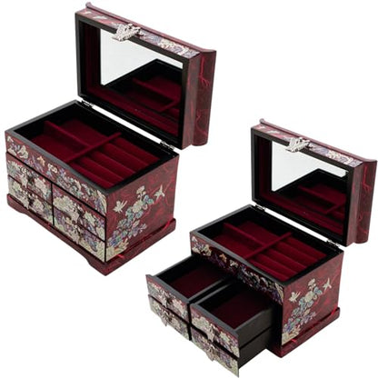 February Mountain Handcrafted Mother of Pearl Jewelry Box – Korean Traditional Design | Unique Keepsake Organizer for Women, Mom, Grandma | Gift for Christmas, Birthday, Anniversary - style: Crane and Pine Tree - Red