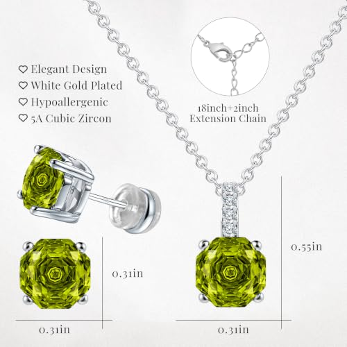 Rose Cut Silver Solitaire Necklace and Earring Set for Women, Jewelry Gift | Rose Cut, Cubic Zirconia, Necklace and Stud Earrings Set, Jewelry Set, Minimalist - color: Peridot Green