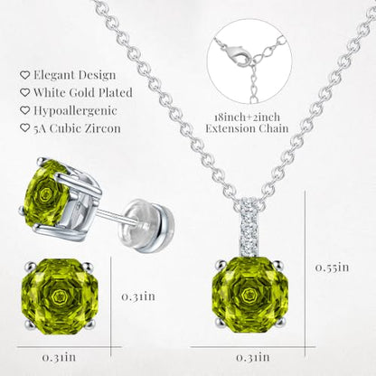 Rose Cut Silver Solitaire Necklace and Earring Set for Women, Jewelry Gift | Rose Cut, Cubic Zirconia, Necklace and Stud Earrings Set, Jewelry Set, Minimalist - color: Peridot Green
