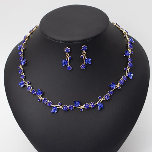 Brides Bridesmaid Flower Leaf Choker Necklace Dangle Earrings Link Bracelet Austrian Crystal Wedding Jewelry Set for Prom Costume Party Accessories for Woman - color: Blue-Gold Plated