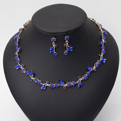 Brides Bridesmaid Flower Leaf Choker Necklace Dangle Earrings Link Bracelet Austrian Crystal Wedding Jewelry Set for Prom Costume Party Accessories for Woman - color: Blue-Gold Plated