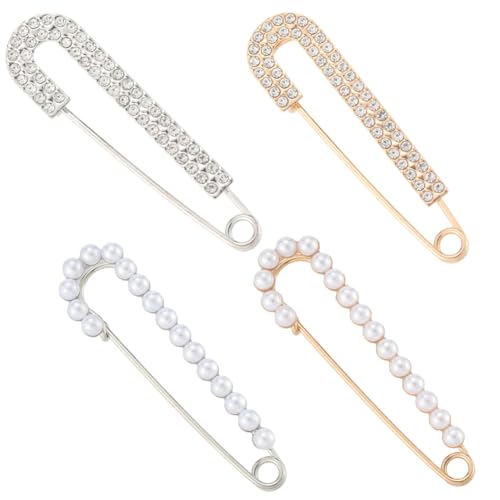 CREATCABIN 4pcs Women Brooch Pin Faux Crystal Pearl Brooches Sweater Shawl Clip Decorative Safety Pins Cardigan Collar Dress Shirt Clip Rhinestone Decoration for Clothing Hat Gold Silver 2.87×0.79in