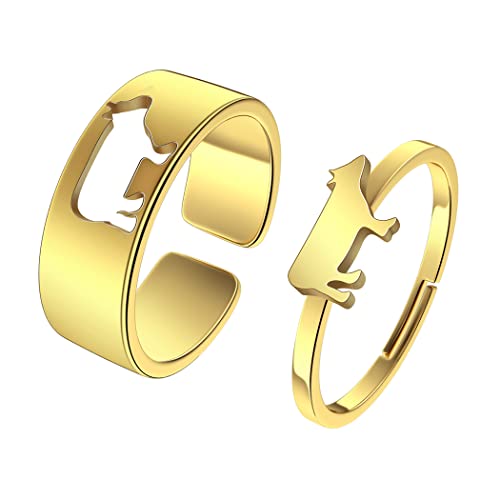 2PCS Matching Cute Animals Promise Engagement Rings for Couples Men Women Jewelry Band Sets 316L Stainless Steel Adjustable Open Ring - color: Cow-g