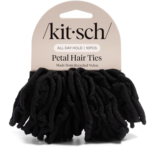 Kitsch Petal Hair Ties No Damage - Black, 10pcs | Strong, Stretchy & Snag-Free Hair Bands – Soft Fabric Ponytail Holders, Stylish Elastics for Everyday Hairstyles - color: Black Petal (Pack of 10)