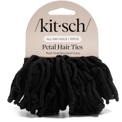 Kitsch Petal Hair Ties No Damage - Black, 10pcs | Strong, Stretchy & Snag-Free Hair Bands – Soft Fabric Ponytail Holders, Stylish Elastics for Everyday Hairstyles - color: Black Petal (Pack of 10)