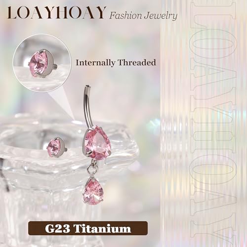14G G23 Pure Titanium Dangle Belly Button Ring for Women Dangling CZ Navel Ring Teardrop Curved Barbell Belly Rings Internally Threaded Belly Piercing Jewelry - color: Pink
