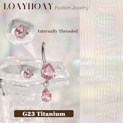 14G G23 Pure Titanium Dangle Belly Button Ring for Women Dangling CZ Navel Ring Teardrop Curved Barbell Belly Rings Internally Threaded Belly Piercing Jewelry - color: Pink