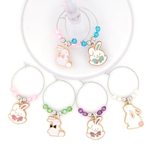 Pixie Easter Wine Charms – Set of 6 Bunny Rabbit Glass Markers, Easter Gifts, Spring Party Favors, Table Decor, Wine Glass Identifiers