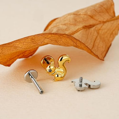 FINE4U Cartilage Christmas Piercing Jewelry 16G 6mm 8mm - ASTM F136 Titanium, Flat Back Labret Stud for Helix Flat Lobe, Elk Minimalist Earring, Squirrel Earrings - color: Squirrel - Tit