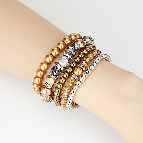 Noessla Beaded Pearl Stretch Bracelet Silver Stackable Crystal Beads Bracelets Trendy Costume Jewelry Mothers Day Gifts for Women - color: Champagne