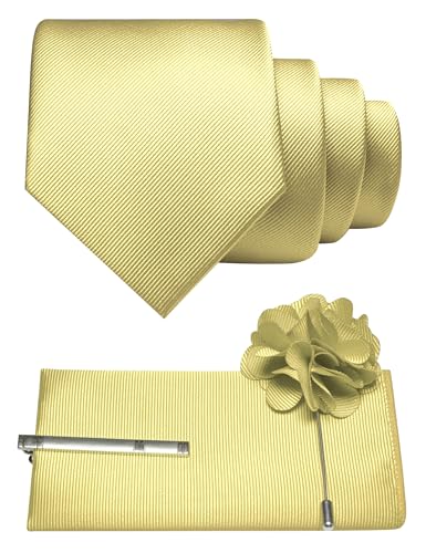 JEMYGINS Formal Necktie Solid Color Tie and Pocket Square with Tie Clip Lapel Pin Sets for Men 4PCS - color: Light Yellow