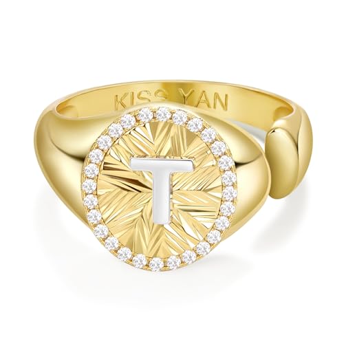 KissYan 14K Gold Plated Initial Ring for Women | Adjustable CZ Halo Letter Signet Ring, Personalized Monogram Statement Jewelry Gift, Tarnish Resistant - style: Letter T