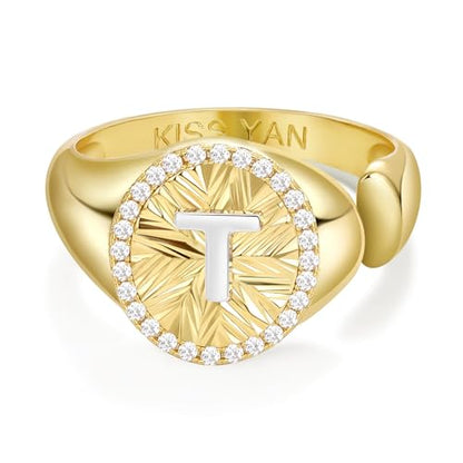 KissYan 14K Gold Plated Initial Ring for Women | Adjustable CZ Halo Letter Signet Ring, Personalized Monogram Statement Jewelry Gift, Tarnish Resistant - style: Letter T
