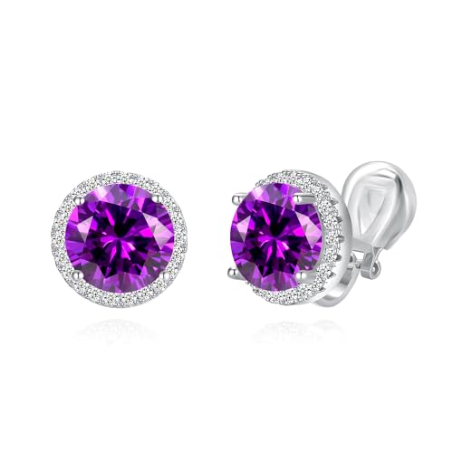 YOQUCOL 10MM Cubic Zirconia Crystal Clip On Stud Earrings Round Non Pierced Earrings for Women - color: Purple