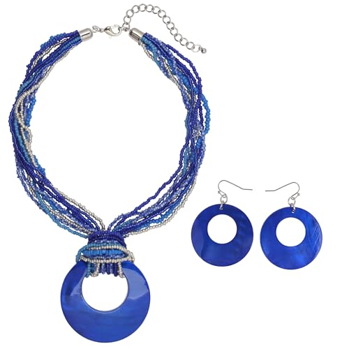 Coiris Multi Strand Statement Colorful Beaded Necklace with Big Circle Shell Pendant for Women - color: Royalblue
