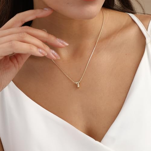 14K Gold Plated Bubble Letter Necklace, Tarnish Free and Waterproof Dainty Initial Necklace for Women, Trendy Personalized Gold Jewelry Gift for Her - color: Gold, style: T