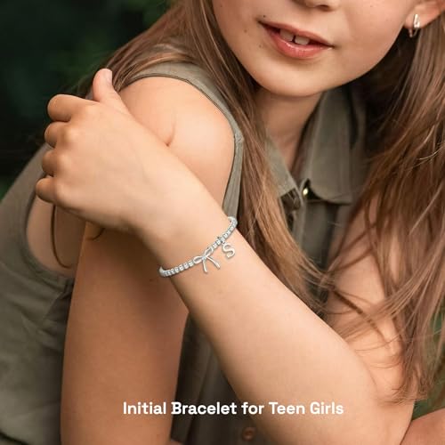 Letter A-Z Bracelets for Women Teen - Inital Beaded Bracelet with Bowknot Charm, Dainty Stretch Stackable Bracelet, Trendy Jewelry Gifts for Birthday Easter Basket Stuffers - style: Silver: H
