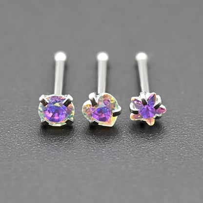 6-Piece Nose Piercing Studs Set, 20G Stainless Steel Nose Studs, 3mm Crystal Heart Star Round Shapes, 0.8x7mm Bone - color: AB Color