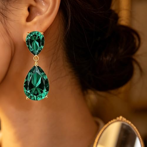 Teardrop Crystal Drop Earrings for Women, 14K Gold Plated Large Double Teardrop Dangle Earrings,Rhinestone Earrings for Wedding Prom Bridesmaid Party,Emerald/Red/Blue/Black/Pink/White Statement Earrings - color: red