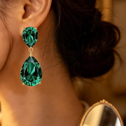 Teardrop Crystal Drop Earrings for Women, 14K Gold Plated Large Double Teardrop Dangle Earrings,Rhinestone Earrings for Wedding Prom Bridesmaid Party,Emerald/Red/Blue/Black/Pink/White Statement Earrings - color: red