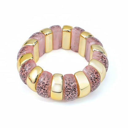 GOOJIDS Simple Beaded Gold Plated Bangles Bracelet Chunky Bamboo Tube Curved Stacking Clear Acrylic Colorful Beads Stretchable Gold Plated Bracelets Set For Women - color: B-Gold&Pink Leopard