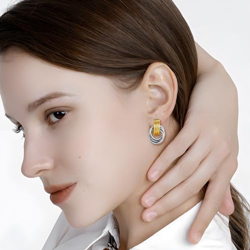Gold Chunky Earrings for Women Geometric Knot Link Drop Dangle Earrings 14K Gold Plated Statement Earrings Trendy Gold Jewelry - color: Style 8-Two Tone
