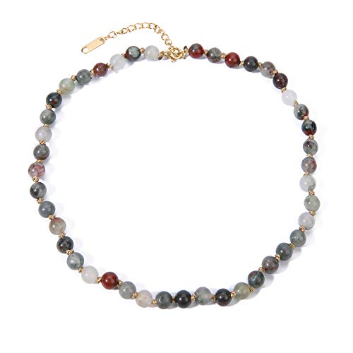 Semi Precious Stone Beaded Choker Necklace 14K Gold Plated Natural Stone Double Strand Necklace Layered Short Necklaces - color: Bloodstone