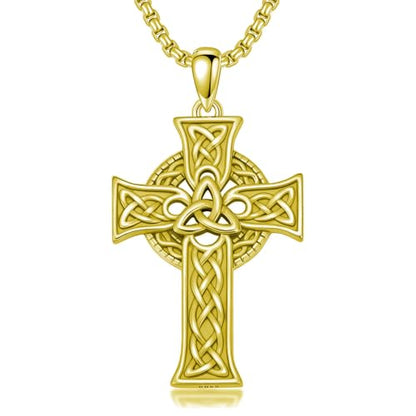 Celtic Cross Necklace For Men ，18K Gold Plated Celtic Cross Celtic Amulet Necklace Protection Jewelry Religious Gifts with 2.5mm 22"+2" Adjustable Rolo Chain - style: style3