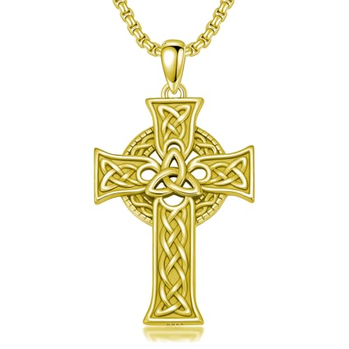 Celtic Cross Necklace For Men ，18K Gold Plated Celtic Cross Celtic Amulet Necklace Protection Jewelry Religious Gifts with 2.5mm 22"+2" Adjustable Rolo Chain - style: style3