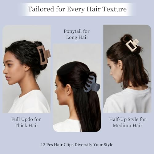 Small Medium Claw Clips for Women, 3 Styles Hair Clips for Thick and Thin Hair, Non-slip Strong Hold, 12 Pcs (White, Blue, Brown, Black) - color: White, Blue, Khaki, Black