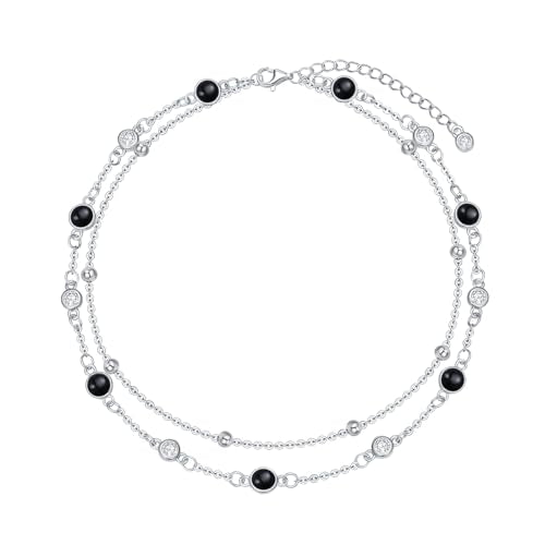HPQQ Anklets for Women 925 Sterling Silver Natural Stone Layered Anklet Beach Summer Fine Jewelry Birthday Mothers Day Gifts for Women Mom Her - color: Black Onyx 9"-11"