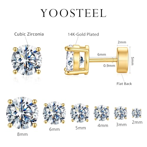 6 Pairs Hypoallergenic Flat Back Earrings for Women Girls,Stud Earring Set | Cartilage Earrings for Sensitive Ears,Cubic Zirconia Ball Pearl Earring,Screw Back Helix Conch Piercing Sets,Jewelry Gifts - color: CZ-14K-Gold-Plated