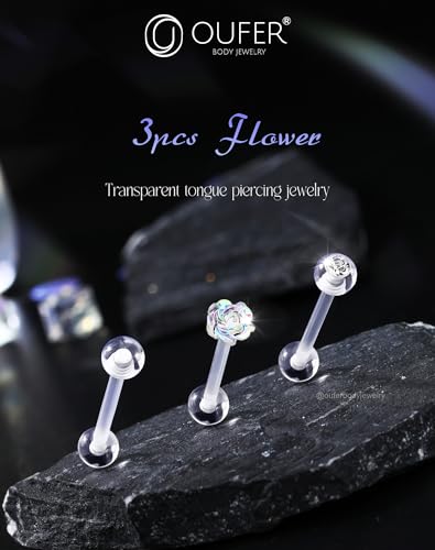 OUFER 3PCS Plastic Helix Piercing Jewelry, Clear Lip Piercing Retainers for Surgery, Cute Paw/Bow/Flower Lip Rings for Women, 16G Flat Back Cartilage Tragus Lobe Earrings for Women and Men-8mm