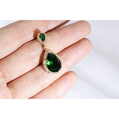 Bridal Jewelry Set for Wedding - 18k Plated Teardrop CZ Crystal Cubic Zirconia Rhinestone Necklace Earrings Set for Bride Bridesmaids Mother of Bride Party Prom Birthstone Costume Jewelry - color: May-Green