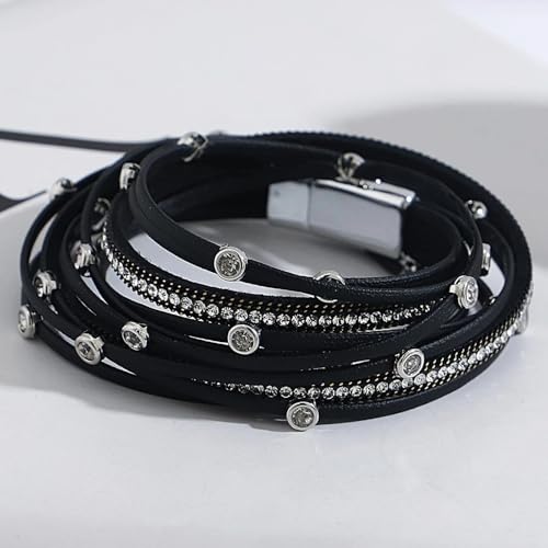 Fesciory Leather Wrap Bracelet for Women, Boho Western Layered Cuff Jewelry | Stackable Bracelets, Easy-On Clasp, Daily Wear, Pairs with Boho Western Outfits, Gift for Women - color: Black10