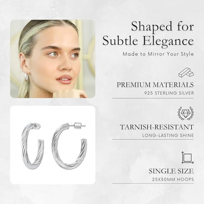 18K Gold Plated Sterling Silver Earrings for Women – Pure & Polished, Twist, Square, Hinged Tube, Abstract & Heart Shape Hoops – Lightweight, Hypoallergenic, Non-Tarnish Jewelry (Sizes: 3x35mm-46x30mm) - color: Silver, size: Twist Hoop (4x25x30mm)