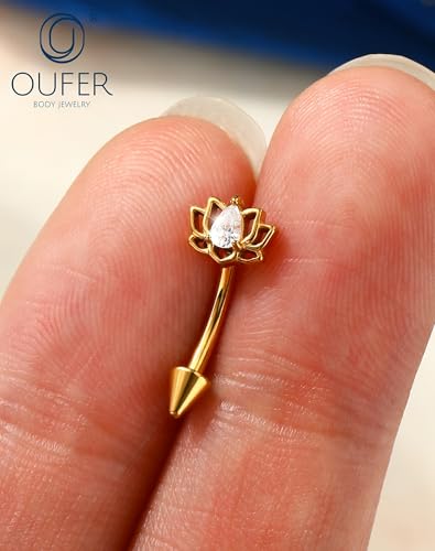 OUFER 16G Rook Piercing Jewelry, Lotus Eyebrow Earrings, 316L Surgical Steel Rook Earrings, Curved Barbell Lip Rings, Helix Cartilage Piercing Jewelry for Women - color: Gold