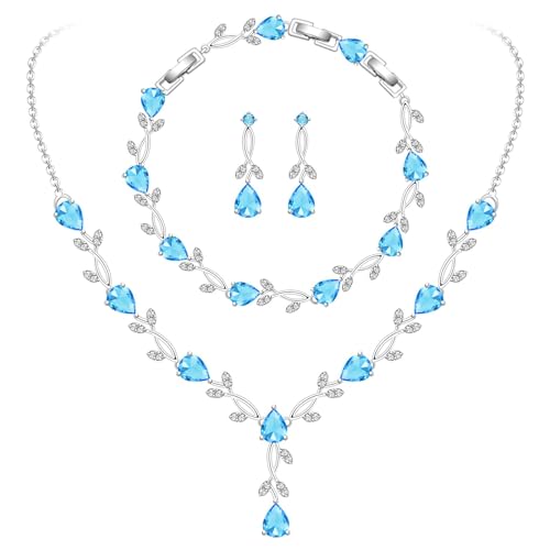 GZWHD Wedding Jewelry Sets for Bride Bridesmaid Women Cubic Zirconia Necklace Earrings Bracelet Set Gift for Mother Friend Wife Daughter Sister Party Prom Jewelry - color: Sky Blue